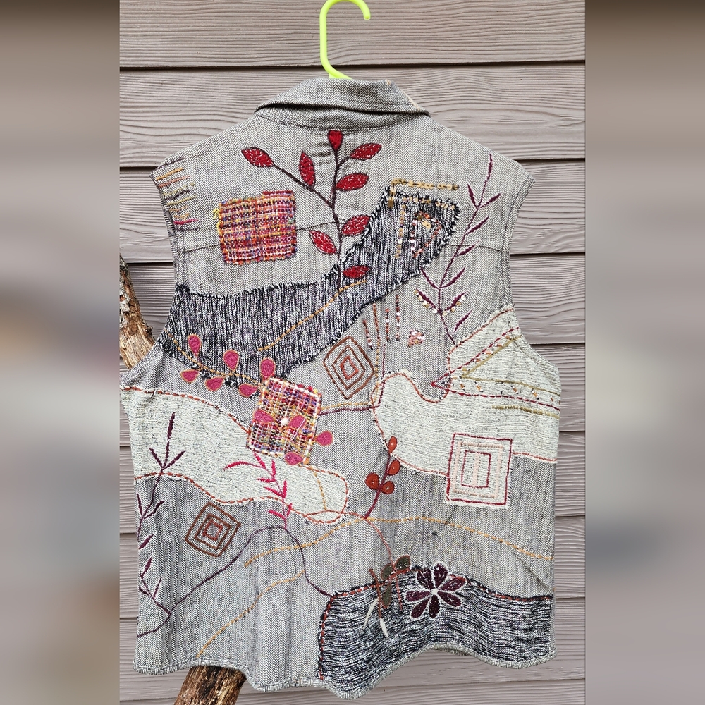 Chico's Embroidered Patchwork Vest — Neutral with Red & Rust Accents - Picture 3 of 3